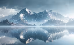 the snow covered mountains are reflecting in the still waters