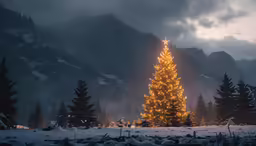 there is a lit christmas tree at the top of the mountain