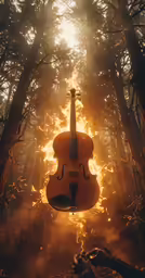 a violin floating in the air over a forest