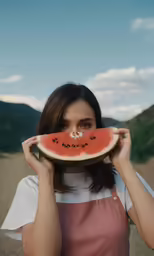a girl holding a slice of watermelon with one eye open