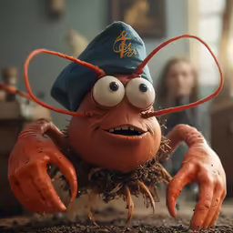 a red bug in a blue hat with long arms and legs