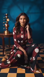 the beautiful young woman in red and black polka print is posing on the floor
