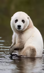 a bear sitting on the ground with its paw in the water