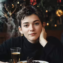 a woman sitting at a table with a plate of food and drink