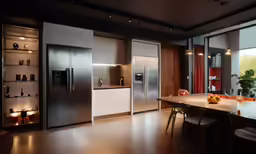 a kitchen with a metal refrigerator and lots of counter space