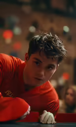 a teenage boy leaning over and staring at the camera
