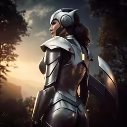 a woman dressed in armor standing outdoors