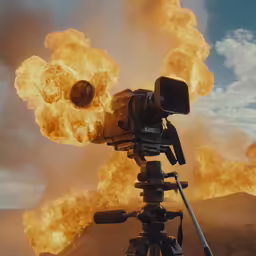 a tripod that has some lights on it and flames in the air