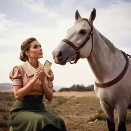 a young woman kneeling beside a horse holding her cell phone