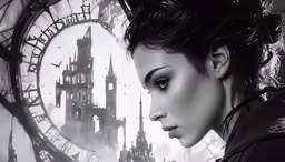 a woman with her eyes closed looking at an old clock tower