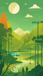 a poster shows the landscape as people walk near the water,two people walking next to a river with mountains and power lines