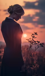 a woman in business attire standing at the sunset