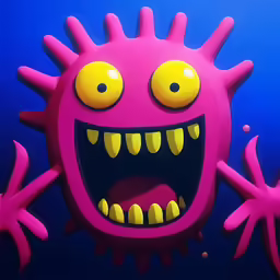 a cartoon character of an evil creature with big teeth