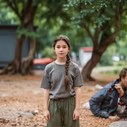 a little girl is standing near a man who is smoking