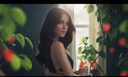 woman in dark lingerie next to plant by window