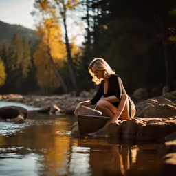 young lady sitting on rocks in the water with her hands in the water