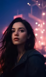 a woman is staring into the distance with lots of lights behind her