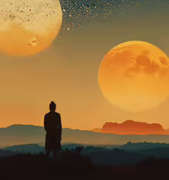 silhouette of a person looking at the moon,silhouette of man with moon in background and stars above