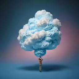 a man on the ground with clouds over his head