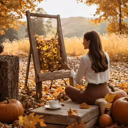a woman with long hair in a white shirt sitting on a crate next to a painting