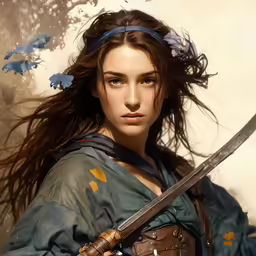 a beautiful lady in a full dress with a sword