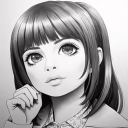 a close up drawing of a woman with long hair and a concerned look on her face