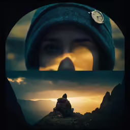 a person sitting on a rocky cliff looking at a watch