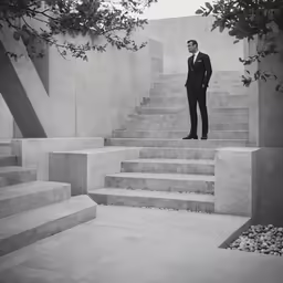 a man in a tuxedo standing on a stairway