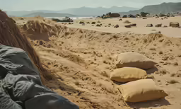 large pillows are placed on the sand near the ocean