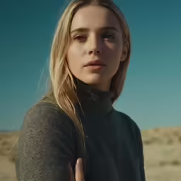 a woman with long blonde hair and a turtle neck sweater