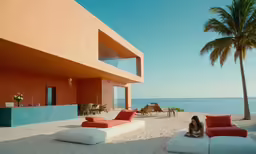 a girl sits on a bed at the beach