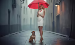 woman holding an umbrella while standing with a dog