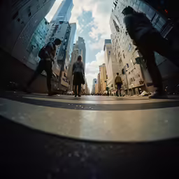 people standing in the middle of a sidewalk while buildings are tall