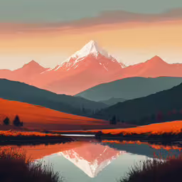 a painting of mountains reflecting in a lake,a beautiful sunset with the mountains reflecting in a lake