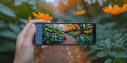 someone taking a picture of an orange flower on the phone