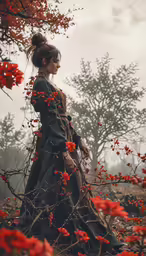 a woman walking in the woods during fall