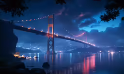 the bay bridge is lit up at night as viewed from across the river