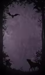 silhouette of two animals standing in the distance near trees and a moon
