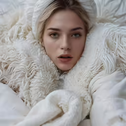 a woman laying in bed wearing a white bear hat
