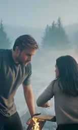 a man and a woman are standing over an open fire