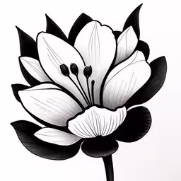 a white flower with black leaves drawn in ink on paper,drawing a single flower on a white background