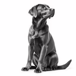 a black dog sits down with its head up