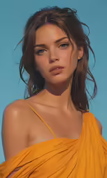 a woman is standing with her head tilted up and wearing a mustard shirt