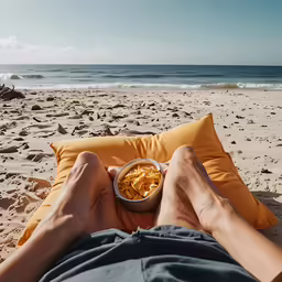 the man is on the beach eating something