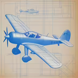 a drawing of a small blue plane flying above a building