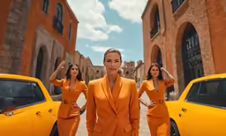 the woman with blonde hair standing in front of yellow car