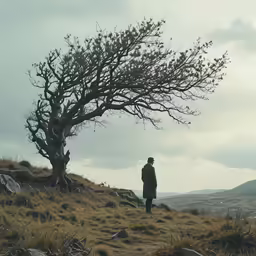 man walking towards tree on hilly hillside in daytime