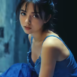 a close up image of a woman wearing a blue dress