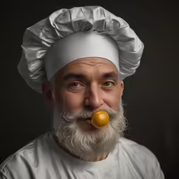 an older man with a yellow nose and a beard