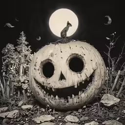 halloween pumpkin with jack o lantern on top and moon rising above